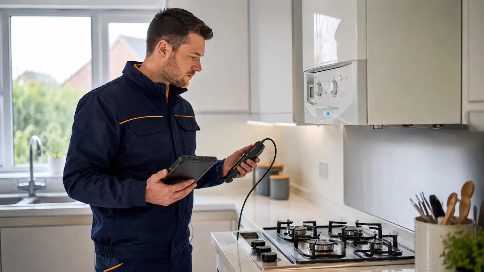 Gas engineer checking a boiler and hob in a bright UK kitchen